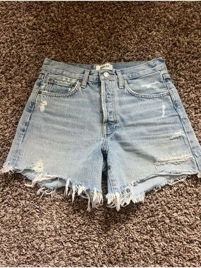 Agolde Distressed Light Blue Denim Shorts